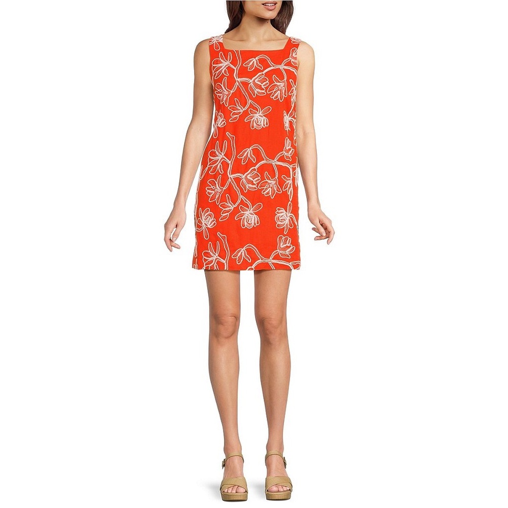 Alex Marie Sz 10 Lily Embroidered Linen Blend Sleeveless Square Neck Mini Dress